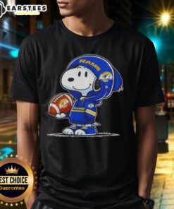 Alt Text: Cute Peanuts Snoopy in a Los Angeles Rams hoodie, smiling at fans, showcasing a fun sports-themed T-shirt design.