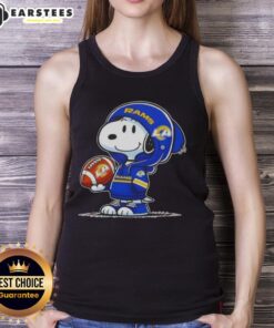 Alt Text: Cute Snoopy in a hoodie, smiling at fans while wearing a Los Angeles Rams tank top, perfect for Peanuts lovers.