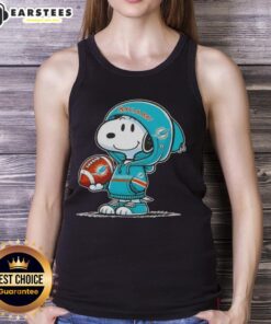 Cute Snoopy in a Miami Dolphins hoodie smiles at fans, featured on a stylish tank top design.