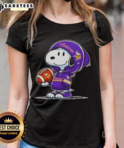 Cute Peanuts Snoopy in a hoodie smiling at fans, featuring Minnesota Vikings theme on a ladies tee.