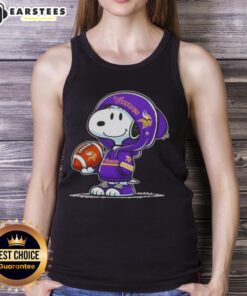 Alt Text: Cute Peanuts Snoopy wearing a Minnesota Vikings hoodie and smiling at fans on a tank top design.