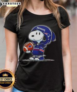Cute Snoopy in a hoodie, smiling at fans, showcasing New England Patriots spirit on a ladies tee.