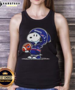 Cute Peanuts Snoopy wearing a New England Patriots hoodie, smiling at fans on a tank top design.