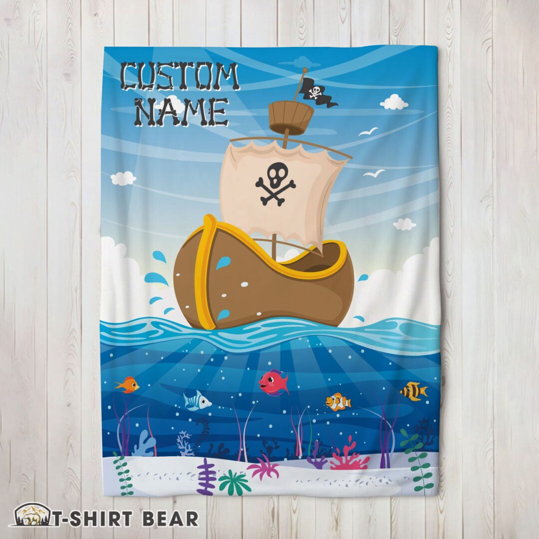 Cute Pirate Ship At Sea Fish Underwater Blanket Fleece Customized Blanket