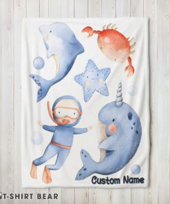 Cute Sea’s Treasures Narwhal Dolphin Crab Starfish Scuba Divers Blanket Fleece Customized Blanket