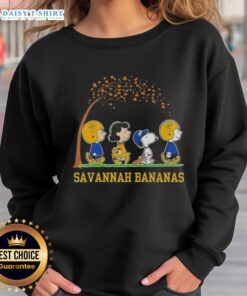 Alt Text: Cute Snoopy and friends on a sweatshirt celebrating 'It's the Most Wonderful Time of the Year' for Savannah Bananas.