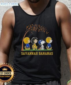 Alt Text: Cute Snoopy and friends on a Savannah Bananas tank top celebrating 'It's the Most Wonderful Time of the Year'.