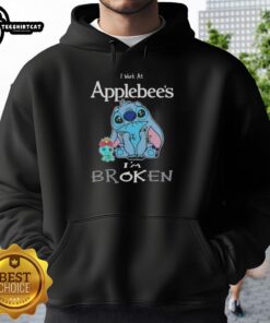 Alt Text: Cute Stitch I Work at Applebee's I'm Broken hoodie design featuring Stitch character in vibrant colors.