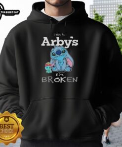 Alt Text: Cute Stitch hoodie saying I Work at Arby's, I'm Broken featuring a playful design perfect for fans and casual wear.