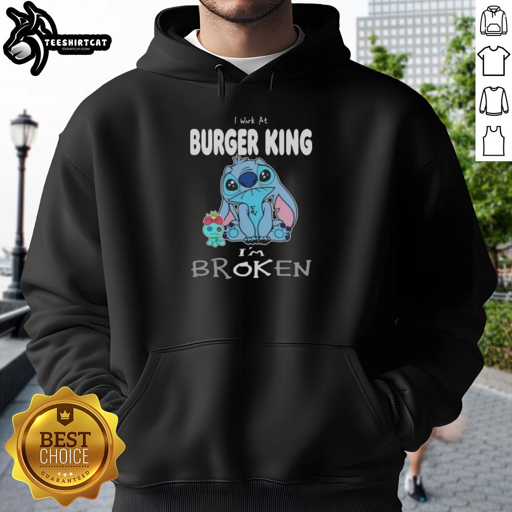 cute-stitch-i-work-at-burger-king-im-broken-hoodie Alt Text: Cute Stitch hoodie with 'I Work At Burger King, I'm Broken' design, perfect for fans of Disney and fast food fashion.