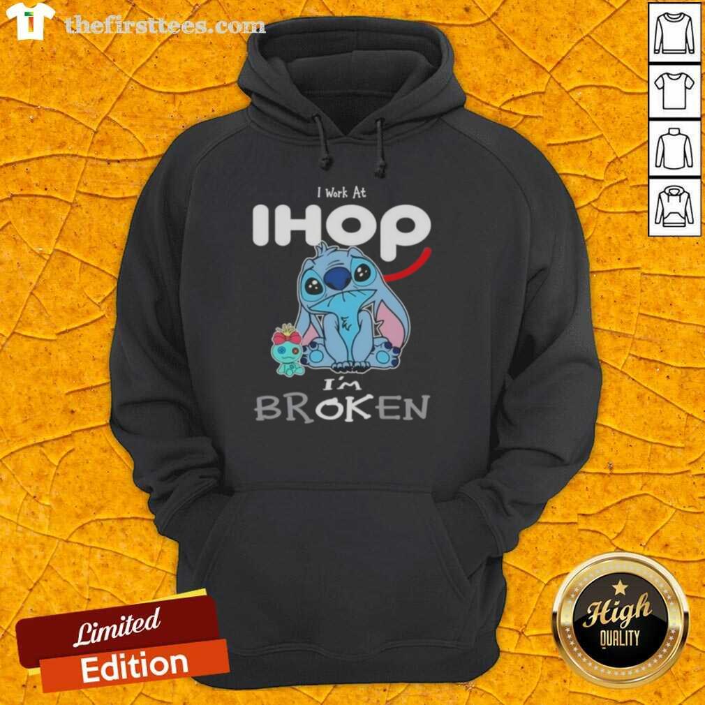 cute-stitch-i-work-at-ihop-im-broken-hoodie Cute Stitch hoodie featuring 'I work at IHOP, I'm broken' text, perfect for fans of Disney and cozy fashion.