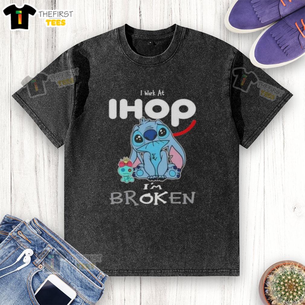 cute-stitch-i-work-at-ihop-im-broken-washed-t-shirt Cute Stitch I Work at IHOP I'm Broken washed t-shirt featuring playful design and vibrant colors for casual wear.