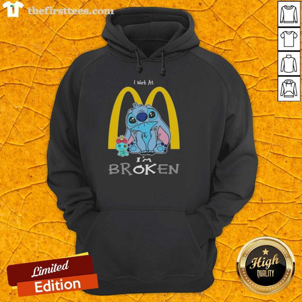 cute-stitch-i-work-at-mcdonalds-im-broken-hoodie Alt Text: Cute Stitch hoodie saying 'I work at McDonald's, I'm broken,' perfect for Disney and fast food fans.