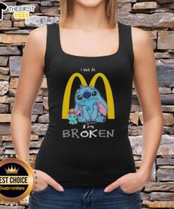 Alt Text: Cute Stitch tank top with 'I Work at McDonald's I'm Broken' design, perfect for casual wear and Disney fans.