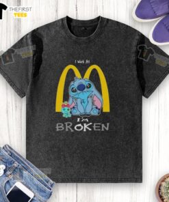 Cute Stitch t-shirt featuring I Work at McDonald's, I'm Broken design, perfect for casual wear and Disney fans.
