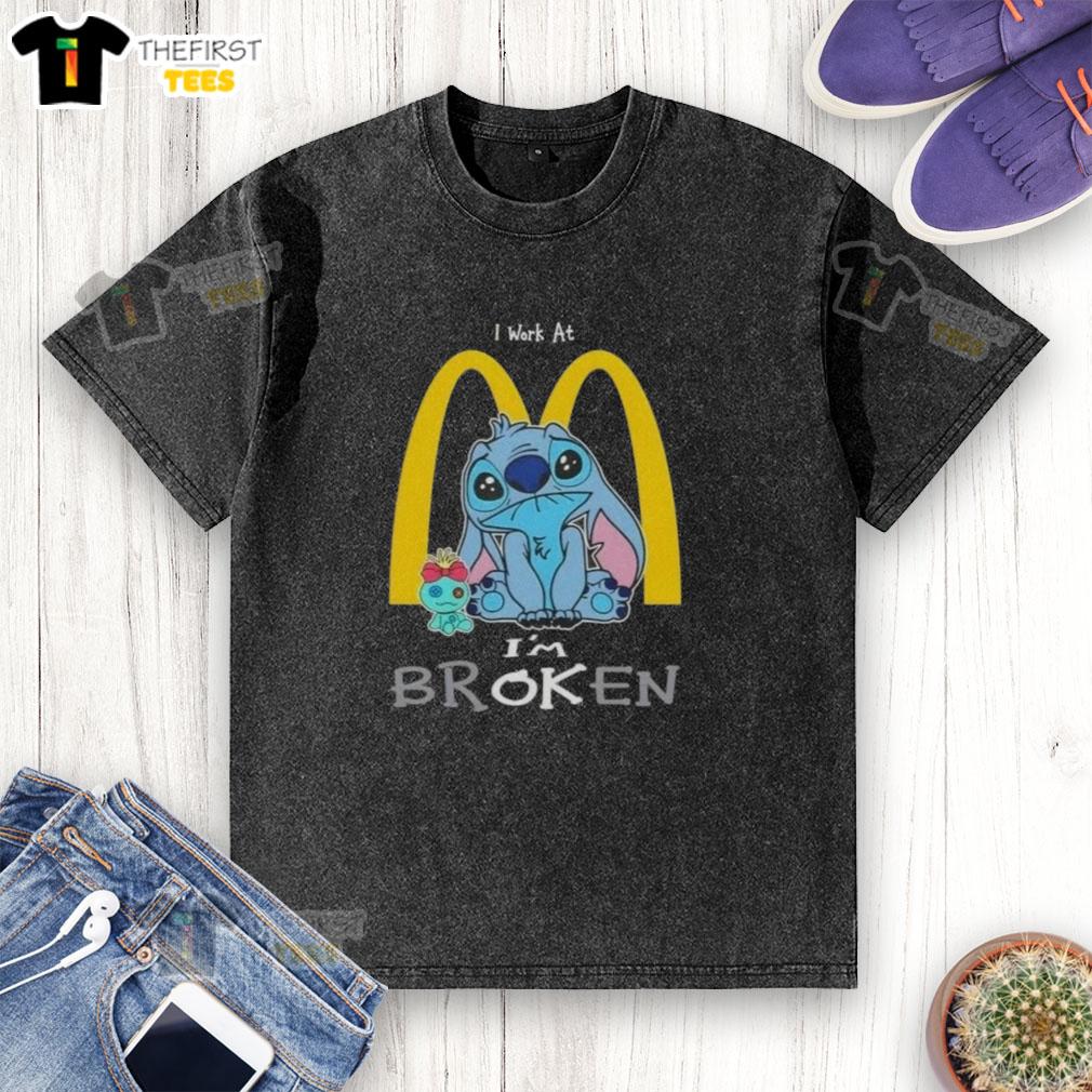 cute-stitch-i-work-at-mcdonalds-im-broken-washed-t-shirt Cute Stitch t-shirt featuring I Work at McDonald's, I'm Broken design, perfect for casual wear and Disney fans.