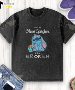 Cute Stitch I Work at Olive Garden I'm Broken washed t-shirt featuring a fun graphic design, perfect for casual wear.