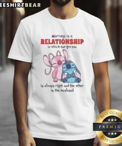Alt Text: Cute Stitch marriage t-shirt design: 'In this relationship, one is always right, the other is the husband'.