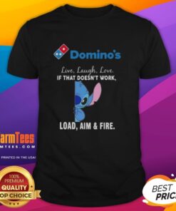 Cute Stitch X Domino's 'Live Laugh Love' T-shirt featuring playful graphics and humorous text, perfect for fans.