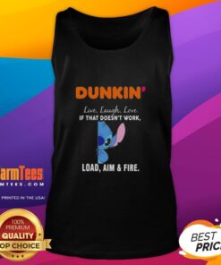 Cute Stitch x Dunkin tank top featuring Live Laugh Love and Load Aim Fire designs, perfect for casual summer wear.