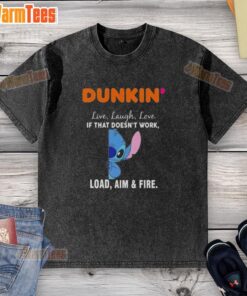 Alt Text: Cute Stitch x Dunkin Live Laugh Love washed t-shirt featuring playful design and vibrant colors for casual style.
