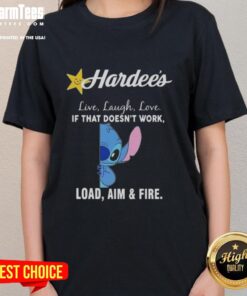 Alt Text: Cute Stitch X Hardee's 'Live Laugh Love' tee for women with playful graphics and vibrant colors.