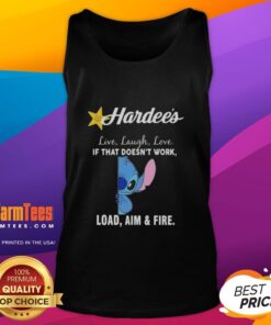 Cute Stitch X Hardee's tank top featuring 'Live Laugh Love' and 'Load Aim and Fire' design for trendy style.