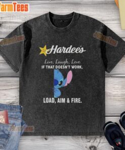 Adorable Cute Stitch x Hardee's t-shirt featuring 'Live, Laugh, Love' and 'Load, Aim and Fire' designs.