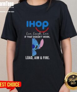 Alt Text: Cute Stitch x IHOP Live Laugh Love tee for ladies featuring a playful design and fun slogan, perfect for casual wear.