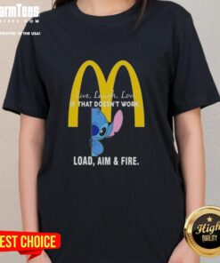 Alt Text: Cute Stitch X McDonald's Ladies Tee featuring 'Live Laugh Love' and playful design, perfect for casual wear.