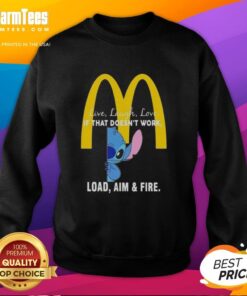Alt Text: Cute Stitch x McDonald's sweatshirt featuring 'Live Laugh Love' and playful graphics for cozy fashion lovers.