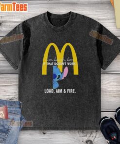 Alt Text: Cute Stitch x McDonald's t-shirt featuring 'Live Laugh Love' and 'Load Aim Fire' designs in vibrant colors.