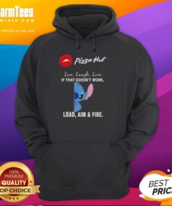 Cute Stitch X Pizza Hut hoodie featuring 'Live Laugh Love' and 'Load Aim And Fire' designs for fun fashion.