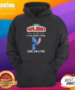 Cute Stitch X Papa John's hoodie featuring 'Live Laugh Love' and 'Load Aim Fire' slogans in vibrant colors.