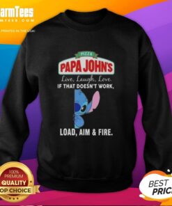 Cozy Cute Stitch x Papa John's sweatshirt featuring 'Live Laugh Love' and playful 'Load Aim Fire' design.