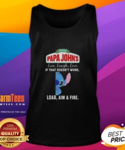 Alt Text: Cute Stitch x Papa John's tank top featuring 'Live Laugh Love' and 'Load Aim Fire' quotes for pizza lovers.
