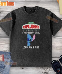 Cute Stitch X Papa John's 'Live Laugh Love' t-shirt featuring playful design, perfect for pizza lovers and Stitch fans.