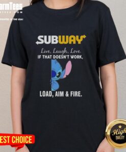 Alt Text: Cute Stitch X Subway Live Laugh Love graphic on a ladies tee, featuring a fun and playful design perfect for casual wear.