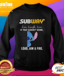 Alt Text: Cozy Cute Stitch X Subway sweatshirt with Live Laugh Love and Load Aim and Fire designs in vibrant colors.