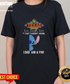 Alt Text: Cute Stitch X Texas Roadhouse Live Laugh Love Ladies Tee with playful slogan, perfect for casual outings.
