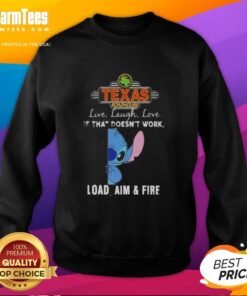 Alt Text: Cute Stitch X Texas Roadhouse sweatshirt featuring 'Live Laugh Love' and 'Load Aim Fire' designs in vibrant colors.