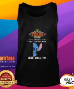 Alt Text: Cute Stitch X Texas Roadhouse tank top featuring Live Laugh Love and Load Aim and Fire designs.