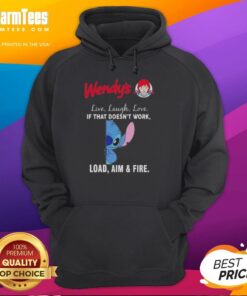 Alt Text: Cute Stitch x Wendy's hoodie featuring 'Live Laugh Love' and 'Load Aim and Fire' designs, perfect for casual wear.