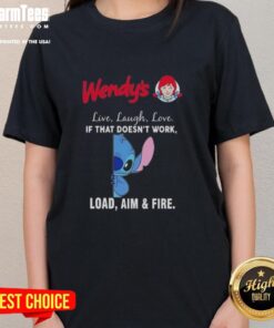 Alt Text: Cute Stitch x Wendy's Live Laugh Love tee featuring playful slogan, perfect for casual style and Disney fans.