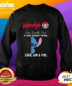 Alt Text: Cute Stitch x Wendy's sweatshirt featuring 'Live Laugh Love' and 'Load Aim and Fire' slogans in vibrant colors.