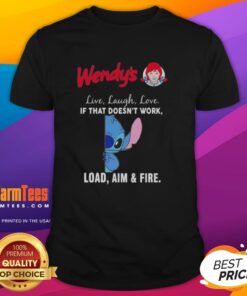 Alt Text: Cute Stitch X Wendy's T-Shirt featuring 'Live Laugh Love' and 'Load Aim Fire' design, perfect for casual wear.