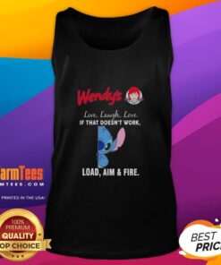 Alt Text: Cute Stitch x Wendy's tank top featuring Live Laugh Love and Load Aim and Fire slogans in vibrant colors.