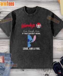 Alt Text: Cute Stitch x Wendy's Live Laugh Love t-shirt featuring a playful design, perfect for casual wear and Disney fans.