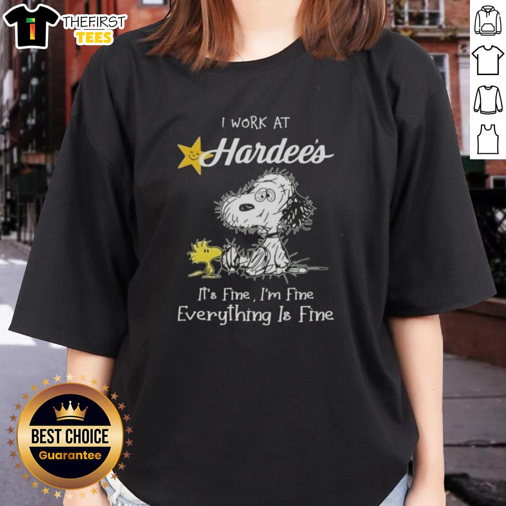 cute-tired-snoopy-and-woodstock-i-work-at-hardees-its-fine-im-fine-everything-is-fine-ladies-tee Alt Text: Cute Snoopy and Woodstock on a ladies tee, featuring I work at Hardee's, it's fine, I'm fine, everything is fine.