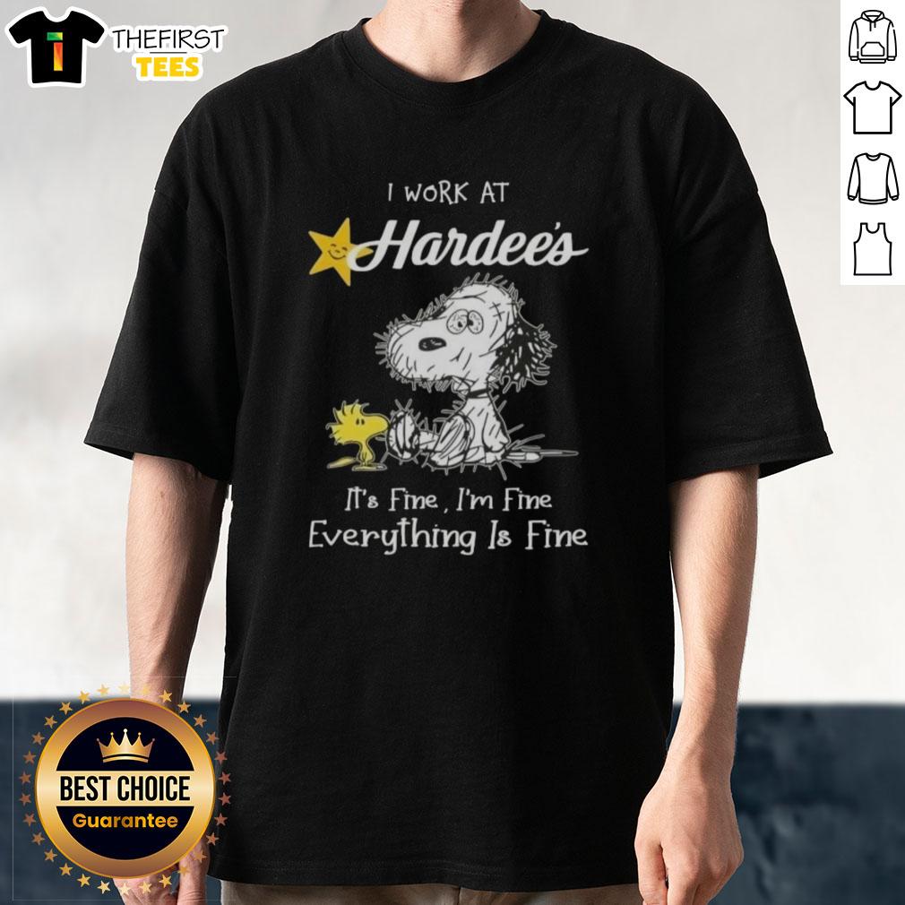 cute-tired-snoopy-and-woodstock-i-work-at-hardees-its-fine-im-fine-everything-is-fine-t-shirt-1 Alt Text: Cute Snoopy and Woodstock graphic on a t-shirt with I Work At Hardee's It's Fine I'm Fine Everything Is Fine text.